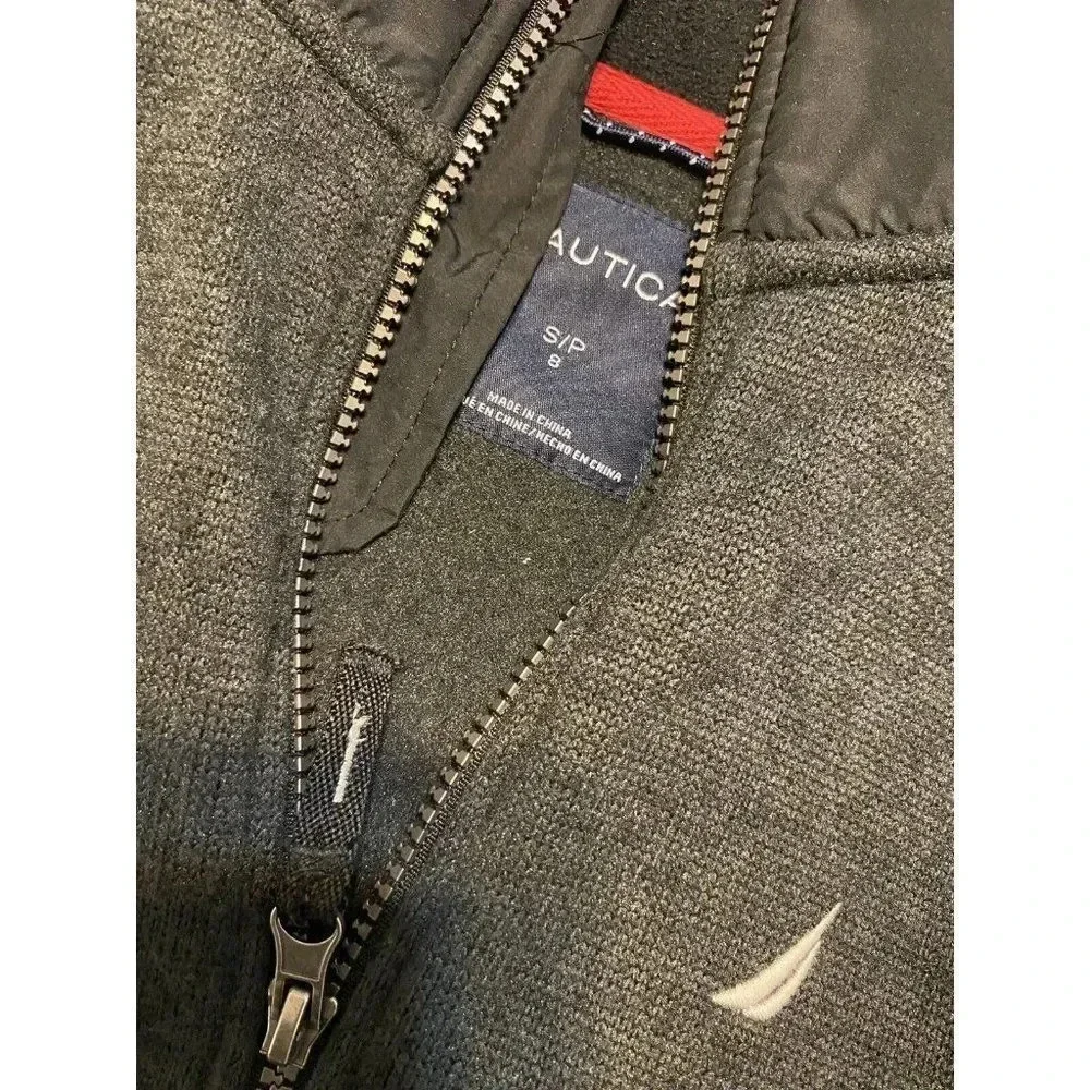 Nautica Boy's Size Small Gray Fleece Zip Front Jacket Black Vinyl Shoulder